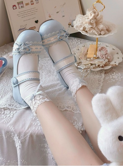Nostalgic Heart Knot Series Cute Bowknot Lace Heart Shape Buckle Round Toe Sweet Lolita Flat Shoes