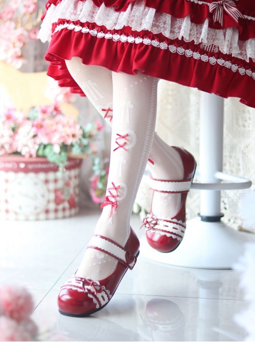 Nostalgic Heart Knot Series Cute Bowknot Lace Heart Shape Buckle Round Toe Sweet Lolita Flat Shoes