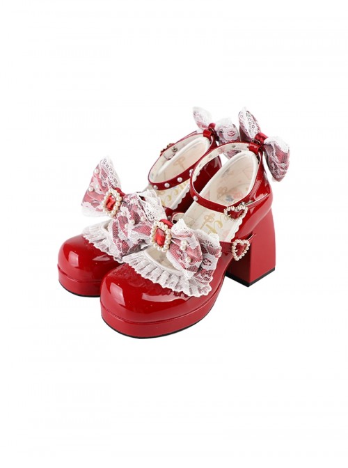 Lovely Lace Series Double Layer Lace Exquisite Diamond Bowknot Shoelaces Pearl Decoration Round Toe Mary Jane Sweet Lolita High Heels Leather Shoes