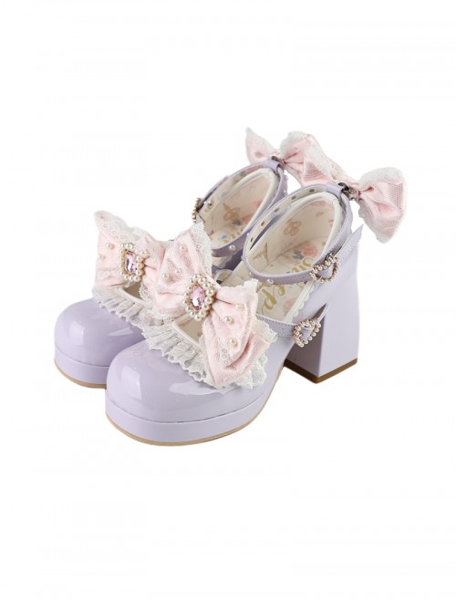 Lovely Lace Series Double Layer Lace Exquisite Diamond Bowknot Shoelaces Pearl Decoration Round Toe Mary Jane Sweet Lolita High Heels Leather Shoes