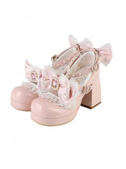 Lovely Lace Series Double Layer Lace Exquisite Diamond Bowknot Shoelaces Pearl Decoration Round Toe Mary Jane Sweet Lolita High Heels Leather Shoes