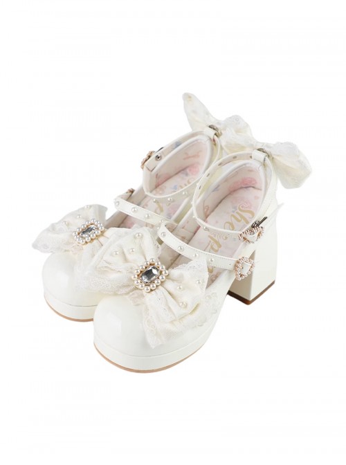 Lovely Lace Series Double Layer Lace Exquisite Diamond Bowknot Shoelaces Pearl Decoration Round Toe Mary Jane Sweet Lolita High Heels Leather Shoes