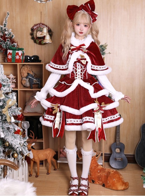 Christmas Symphony Series Red Velvet Reindeer Antlers Bowknot Bell Lace Decorations Plush Trim Sweet Lolita Sleeveless Dress Top Cape Set
