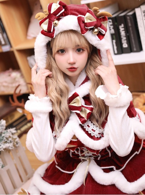 Christmas Symphony Series Red Velvet Reindeer Antlers Bowknot Bell Lace Decorations Plush Trim Sweet Lolita Sleeveless Dress Top Cape Set