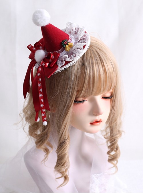 Cute Plush Pom Pom Christmas Snowflake Bowknot Lace Gold Bell Decoration Sweet Lolita Mini Top Hat
