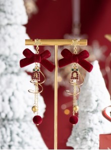 Red Christmas Velvet Bowknot Diamond Bells Pearl Stars Beaded Pom Poms Spiral Chain Christmas Tree Design Sweet Lolita Earrings