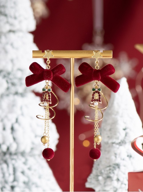 Red Christmas Velvet Bowknot Diamond Bells Pearl Stars Beaded Pom Poms Spiral Chain Christmas Tree Design Sweet Lolita Earrings