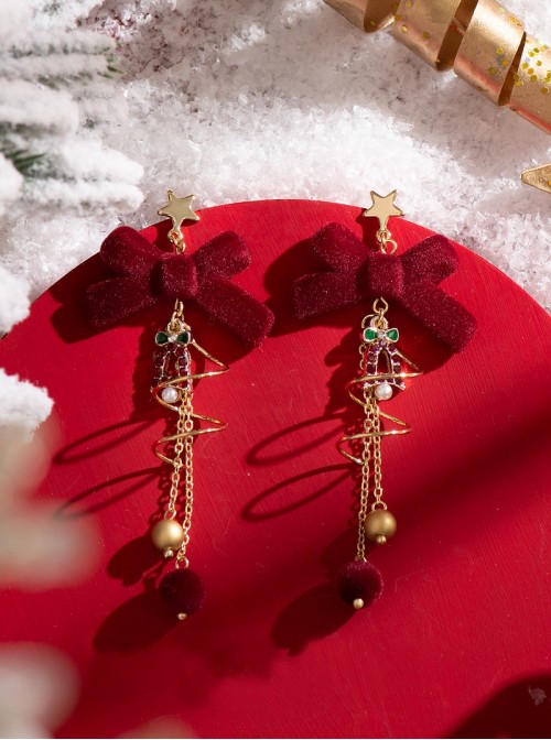 Red Christmas Velvet Bowknot Diamond Bells Pearl Stars Beaded Pom Poms Spiral Chain Christmas Tree Design Sweet Lolita Earrings