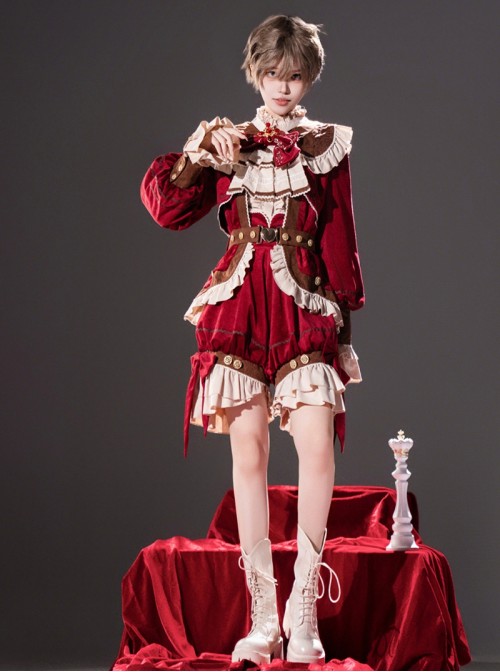 Black Tea Pancake Series Retro Christmas Red Velvet Bowknot Lace Ruffle Prince Style Ouji Fashion Long Sleeve Coat Belt Shirt Shorts Set