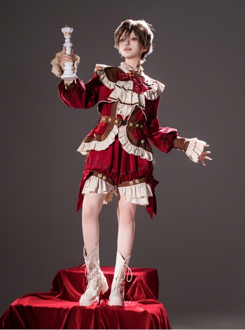 Black Tea Pancake Series Retro Christmas Red Velvet Bowknot Lace Ruffle Prince Style Ouji Fashion Long Sleeve Coat Belt Shirt Shorts Set