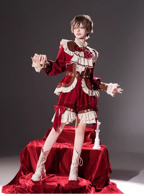 Black Tea Pancake Series Retro Christmas Red Velvet Bowknot Lace Ruffle Prince Style Ouji Fashion Long Sleeve Coat Belt Shirt Shorts Set