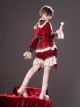Black Tea Pancake Series Retro Christmas Red Velvet Bowknot Lace Ruffle Prince Style Ouji Fashion Long Sleeve Coat Belt Shirt Shorts Set