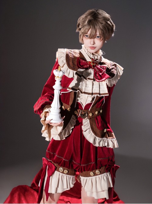 Black Tea Pancake Series Retro Christmas Red Velvet Bowknot Lace Ruffle Prince Style Ouji Fashion Long Sleeve Coat Belt Shirt Shorts Set