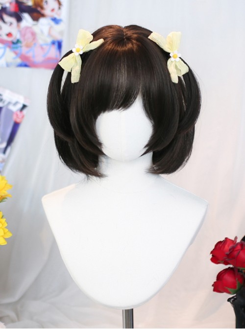 Iris Dream Series Cute Black Tea Daily All Match Air Bangs Sweet Lolita Short Straight Hair Wig