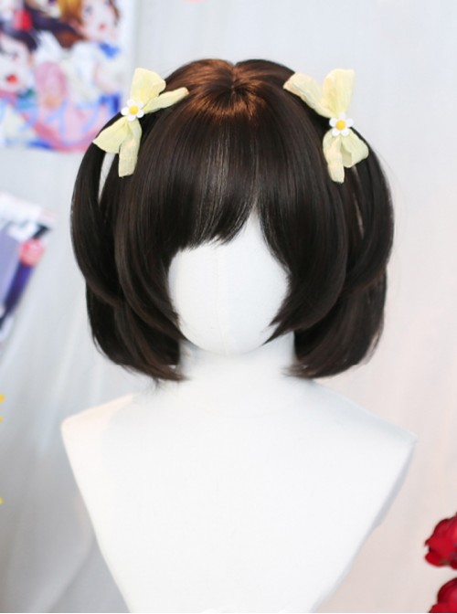Iris Dream Series Cute Black Tea Daily All Match Air Bangs Sweet Lolita Short Straight Hair Wig