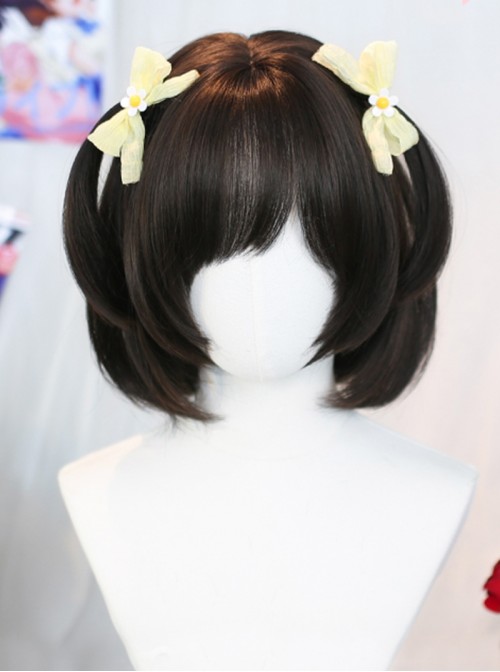 Iris Dream Series Cute Black Tea Daily All Match Air Bangs Sweet Lolita Short Straight Hair Wig