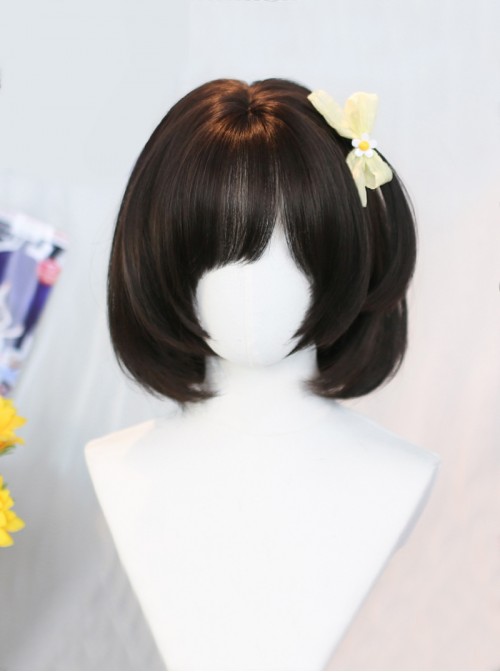 Iris Dream Series Cute Black Tea Daily All Match Air Bangs Sweet Lolita Short Straight Hair Wig