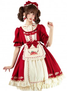 Christmas Strawberry Collar Embroidered Bowknot Ribbon Lace Decoration Ruffle Hem Sweet Lolita Short Sleeve Long Dress Apron Headband Set