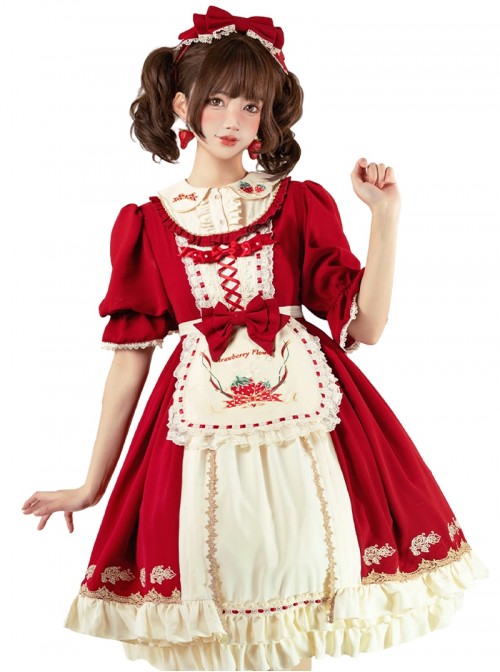 Christmas Strawberry Collar Embroidered Bowknot Ribbon Lace Decoration Ruffle Hem Sweet Lolita Short Sleeve Long Dress Apron Headband Set