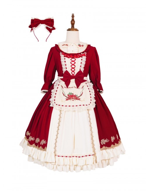 Christmas Strawberry Collar Embroidered Bowknot Ribbon Lace Decoration Ruffle Hem Sweet Lolita Short Sleeve Long Dress Apron Headband Set