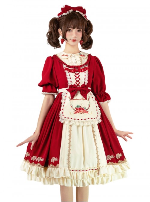 Christmas Strawberry Collar Embroidered Bowknot Ribbon Lace Decoration Ruffle Hem Sweet Lolita Short Sleeve Long Dress Apron Headband Set