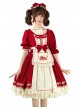 Christmas Strawberry Collar Embroidered Bowknot Ribbon Lace Decoration Ruffle Hem Sweet Lolita Short Sleeve Long Dress Apron Headband Set