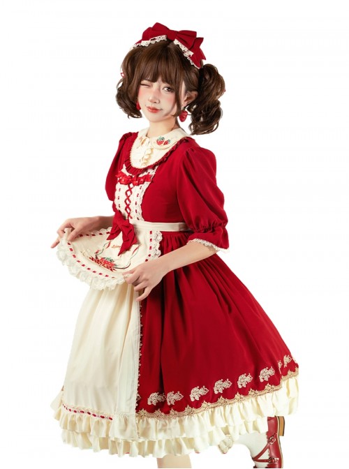 Christmas Strawberry Collar Embroidered Bowknot Ribbon Lace Decoration Ruffle Hem Sweet Lolita Short Sleeve Long Dress Apron Headband Set