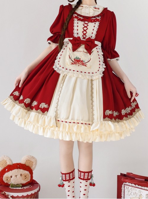 Christmas Strawberry Collar Embroidered Bowknot Ribbon Lace Decoration Ruffle Hem Sweet Lolita Short Sleeve Long Dress Apron Headband Set