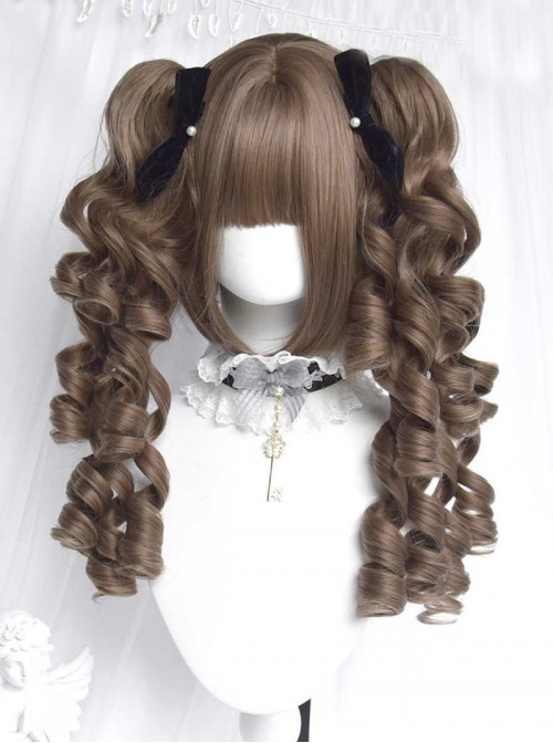 Thousand Layer Pie Series Harajuku Vintage Linen Brown Sweet Lolita Roman Curls Large Twin Ponytail Wig