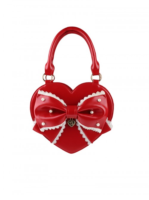 Vintage Sweetheart Series Cute Bowknot Lace Decoration Pearl Metal Tag Sweet Lolita Heart Shape Handbag