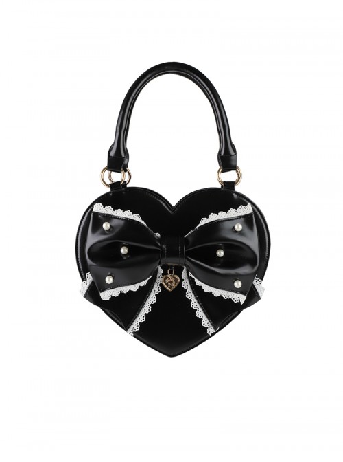 Vintage Sweetheart Series Cute Bowknot Lace Decoration Pearl Metal Tag Sweet Lolita Heart Shape Handbag