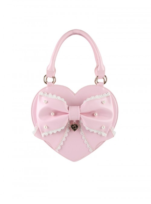 Vintage Sweetheart Series Cute Bowknot Lace Decoration Pearl Metal Tag Sweet Lolita Heart Shape Handbag