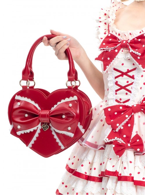 Vintage Sweetheart Series Cute Bowknot Lace Decoration Pearl Metal Tag Sweet Lolita Heart Shape Handbag
