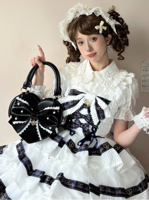 Vintage Sweetheart Series Cute Bowknot Lace Decoration Pearl Metal Tag Sweet Lolita Heart Shape Handbag