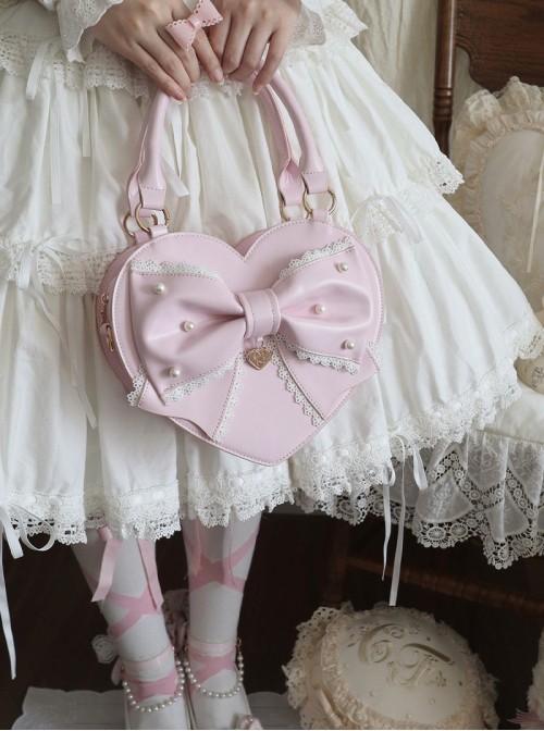 Vintage Sweetheart Series Cute Bowknot Lace Decoration Pearl Metal Tag Sweet Lolita Heart Shape Handbag