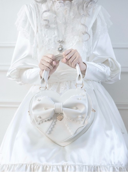Vintage Sweetheart Series Cute Bowknot Lace Decoration Pearl Metal Tag Sweet Lolita Heart Shape Handbag