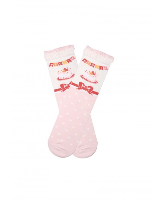 Double Layere Polka Dot Bowknot Print Decoration Pure Cotton Warm Lace Sweet Lolita Mid Calf Socks