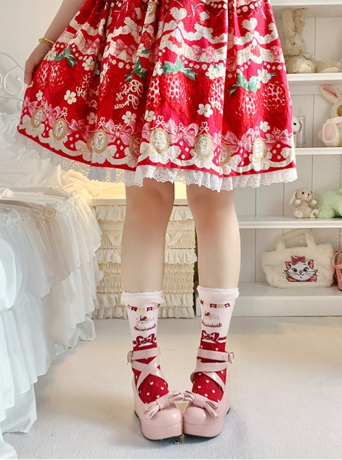 Double Layere Polka Dot Bowknot Print Decoration Pure Cotton Warm Lace Sweet Lolita Mid Calf Socks