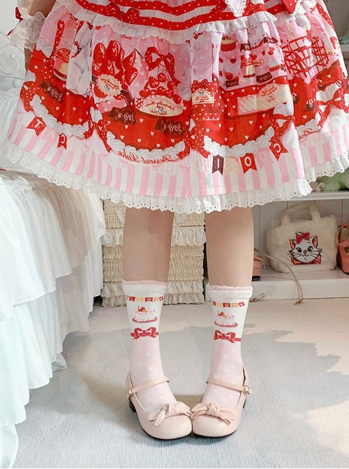 Double Layere Polka Dot Bowknot Print Decoration Pure Cotton Warm Lace Sweet Lolita Mid Calf Socks