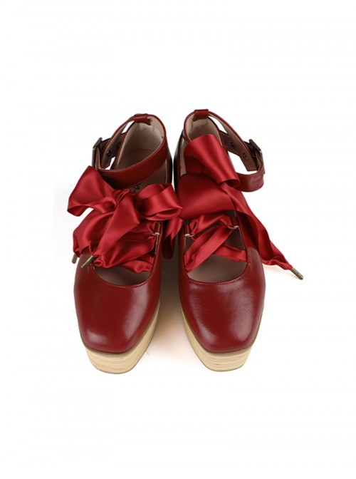 Lace Up Doll Series Elegant Lace Up Exquisite Platform Square Toe Buckle Doll Wood Grain Sole Sweet Lolita Shoes