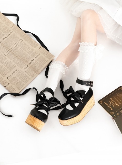 Lace Up Doll Series Elegant Lace Up Exquisite Platform Square Toe Buckle Doll Wood Grain Sole Sweet Lolita Shoes