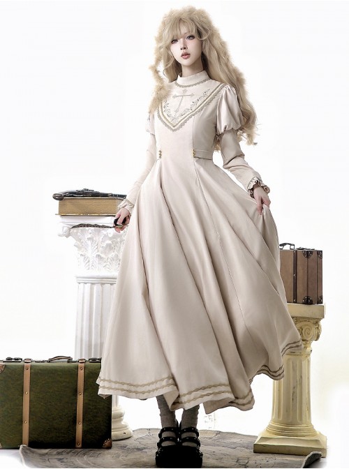 Royal Coronation Series Elegant Beige Vintage Golden Cross Embroidery Metal Buckle Lace Decoration Classic Lolita Puff Sleeve Long Sleeve Dress