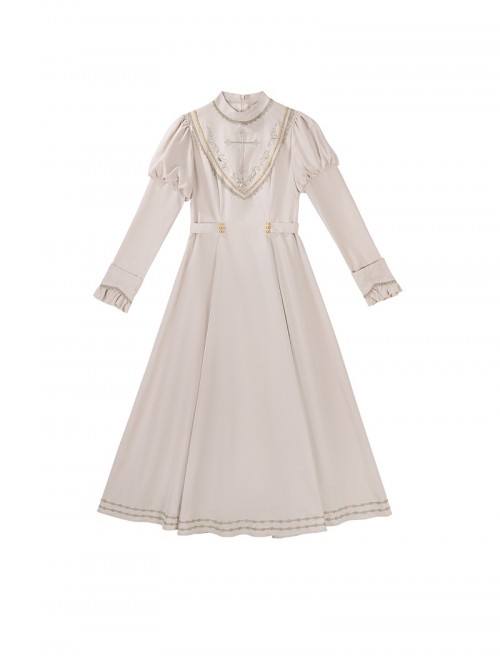 Royal Coronation Series Elegant Beige Vintage Golden Cross Embroidery Metal Buckle Lace Decoration Classic Lolita Puff Sleeve Long Sleeve Dress