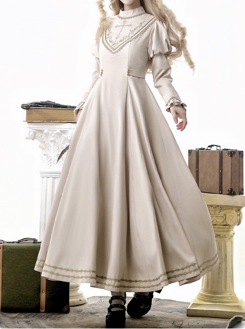 Royal Coronation Series Elegant Beige Vintage Golden Cross Embroidery Metal Buckle Lace Decoration Classic Lolita Puff Sleeve Long Sleeve Dress