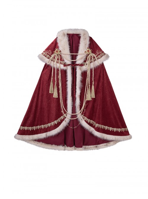 Royal Coronation Series Luxurious Red Exquisite Winter Christmas Plush Trim Golden Embroidered Tassels Chain Gemstone Classic Lolita Long Cloak