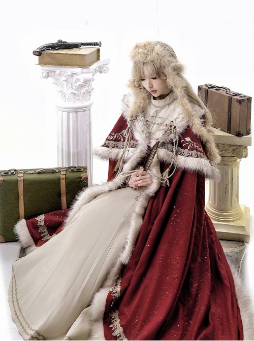 Royal Coronation Series Luxurious Red Exquisite Winter Christmas Plush Trim Golden Embroidered Tassels Chain Gemstone Classic Lolita Long Cloak