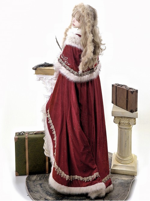 Royal Coronation Series Luxurious Red Exquisite Winter Christmas Plush Trim Golden Embroidered Tassels Chain Gemstone Classic Lolita Long Cloak