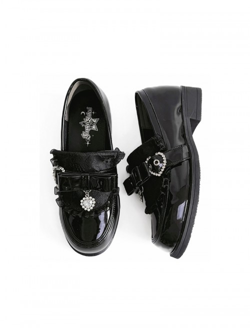 Nursery Rhyme Series Exquisite Bowknot Rhinestone Lace Decoration Japanese Style Loafers Sweet Lolita Platform Low Heel Leather Shoes