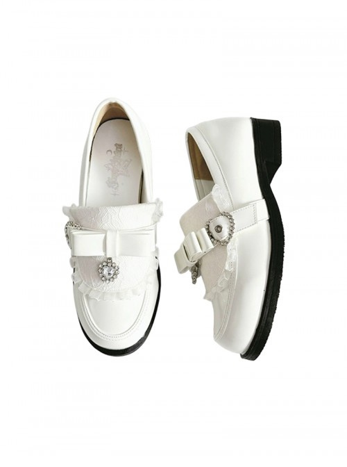 Nursery Rhyme Series Exquisite Bowknot Rhinestone Lace Decoration Japanese Style Loafers Sweet Lolita Platform Low Heel Leather Shoes