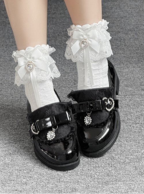 Nursery Rhyme Series Exquisite Bowknot Rhinestone Lace Decoration Japanese Style Loafers Sweet Lolita Platform Low Heel Leather Shoes